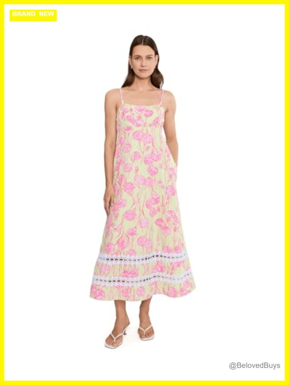 Lilly Pulitzer Haliey Midi Dress Fit and Flare Lace Trim Smocked Back